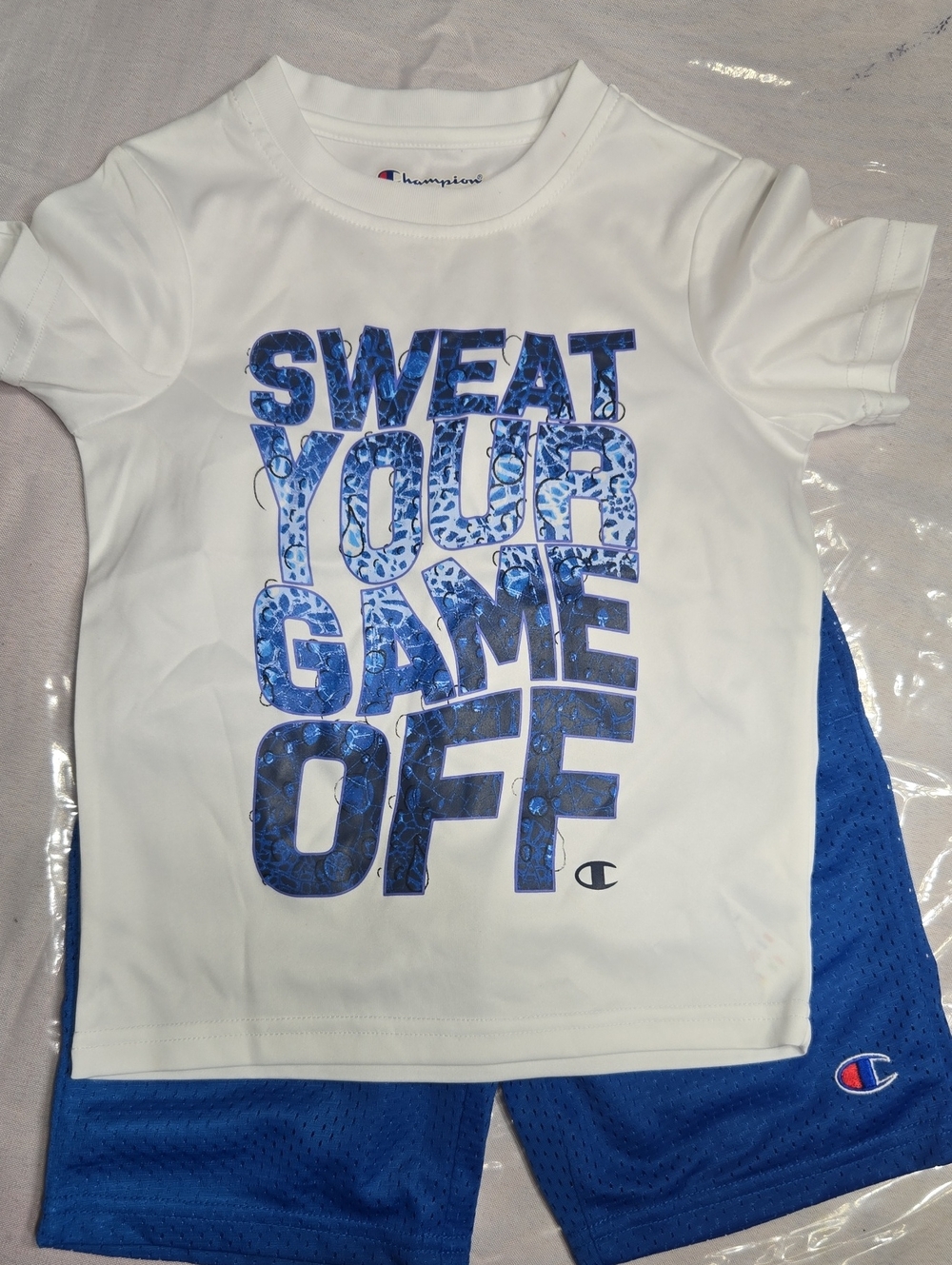 Champion White & Blue 'Sweat Your Game Off' Kids Athletic Set, Size 4